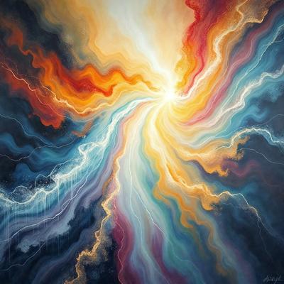The primary subject of the image is a vibrant and colorful painting featuring a sunset. The painting is set against a dark background, creating a striking contrast between the warm colors of the sunset and the cool tones of the night sky. The visual style of the painting is a mix of digital art and illustration, with the artist skillfully blending different colors and textures to create a dynamic and captivating scene. The overall atmosphere of the painting is one of beauty and tranquility, as the sun sets and the colors of the sky and clouds dance together in a mesmerizing display.